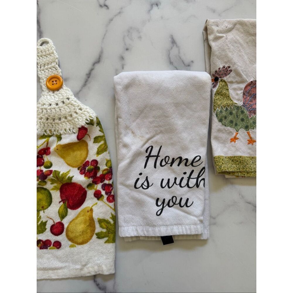 3 kitchen tea towels homemade knit cottage Home is with you rooster country